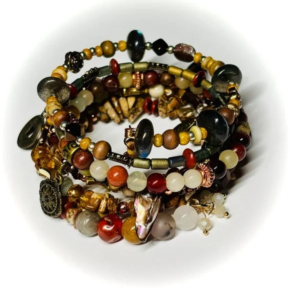 🆕 OOAK Bohemian Bead Mix Memory Wire Wrap Bracelet — Semi Precious Gemstone